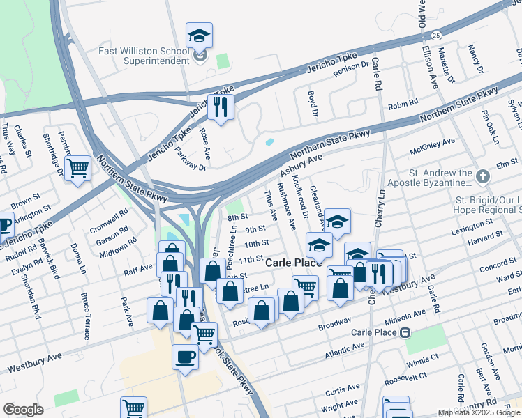 map of restaurants, bars, coffee shops, grocery stores, and more near 21 8th Street in Carle Place
