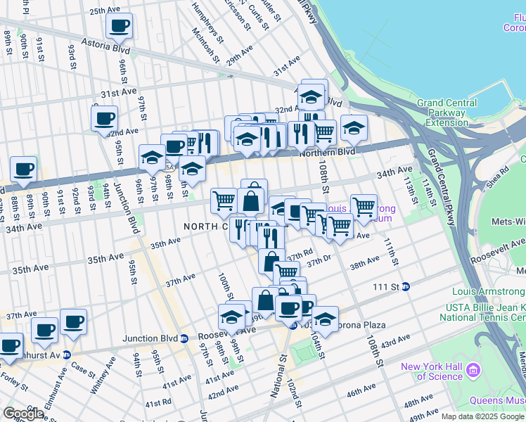 map of restaurants, bars, coffee shops, grocery stores, and more near 103-17 35th Avenue in Queens