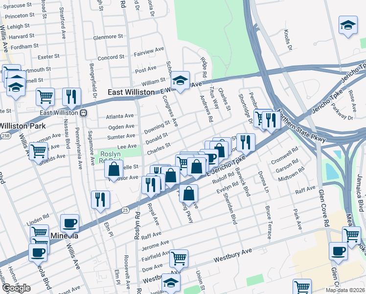map of restaurants, bars, coffee shops, grocery stores, and more near 144 Roselle Street in Mineola