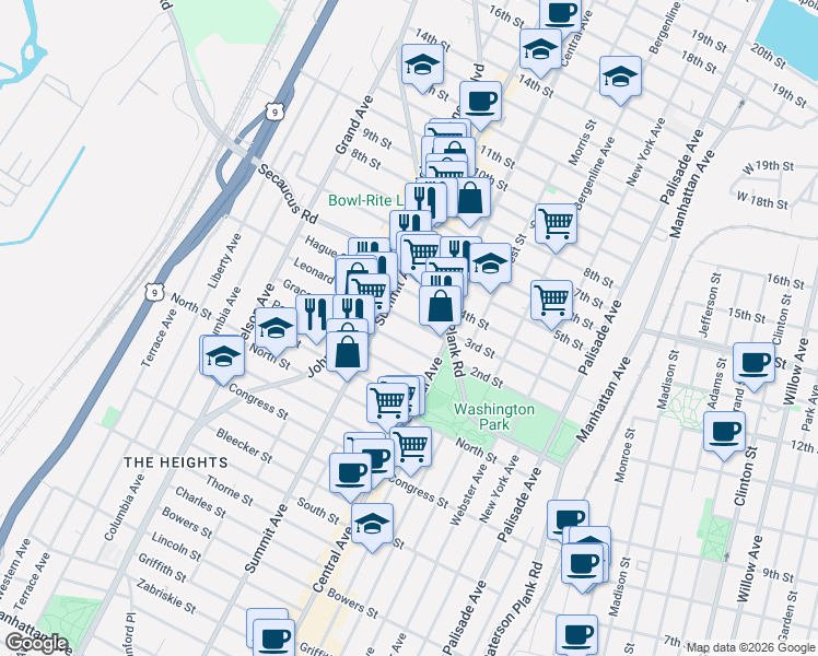 map of restaurants, bars, coffee shops, grocery stores, and more near 23 Leonard Street in Jersey City