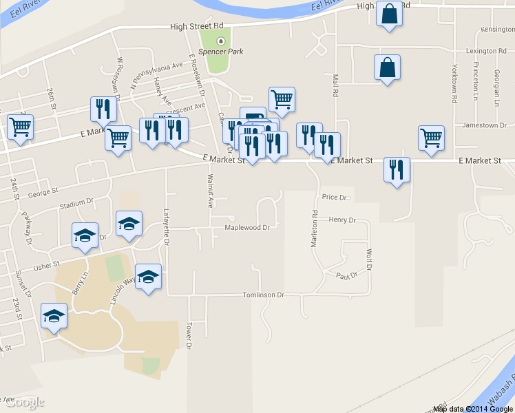 map of restaurants, bars, coffee shops, grocery stores, and more near Walnut Ridge Drive West in Logansport