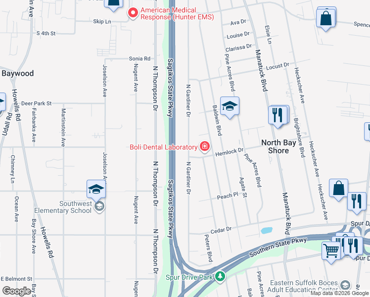 map of restaurants, bars, coffee shops, grocery stores, and more near 1570 North Gardiner Drive in Bay Shore