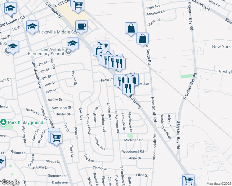 map of restaurants, bars, coffee shops, grocery stores, and more near 1 Chatham Court in Hicksville
