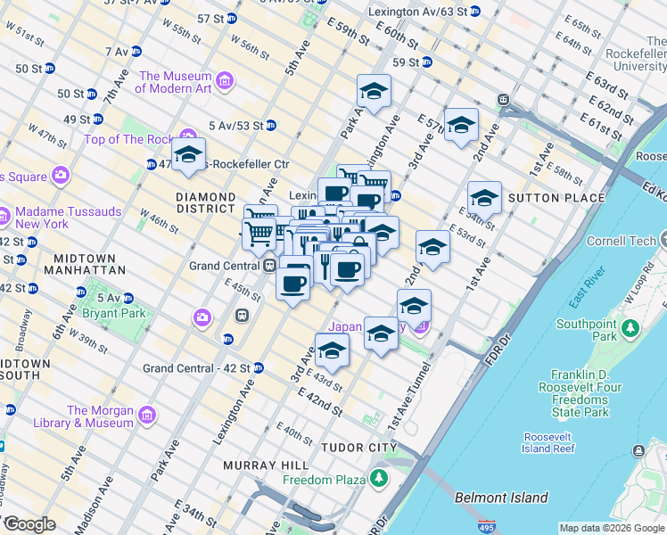 map of restaurants, bars, coffee shops, grocery stores, and more near 141 East 48th Street in New York