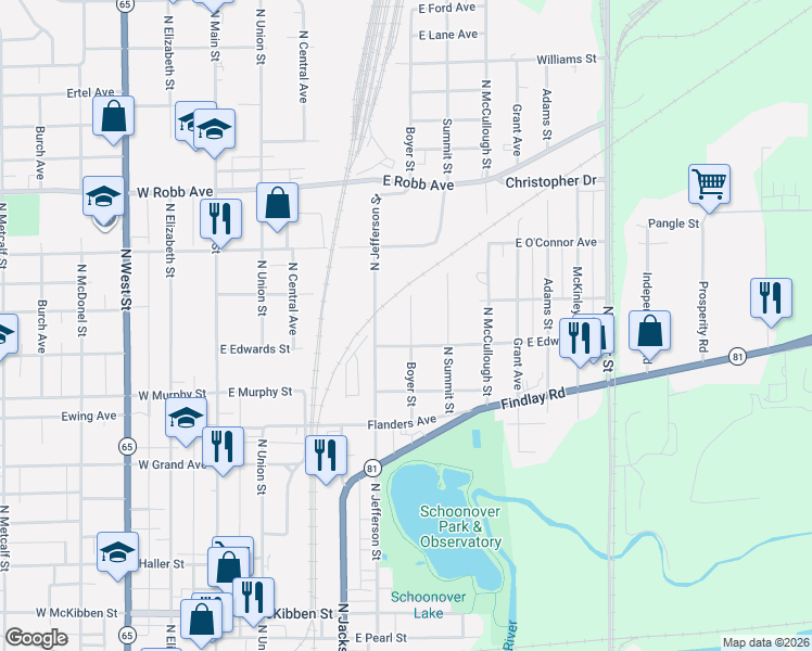 map of restaurants, bars, coffee shops, grocery stores, and more near 1113 Boyer Street in Lima