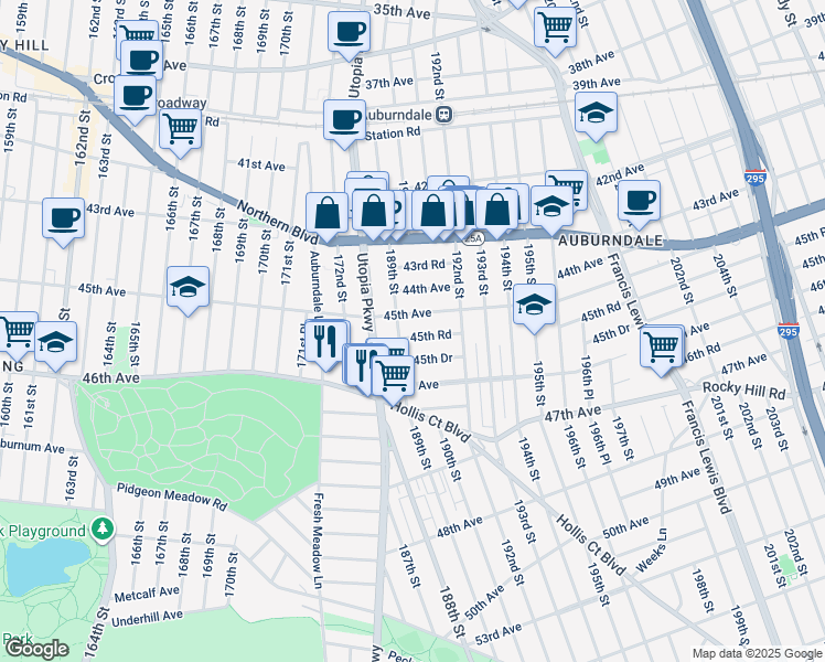 map of restaurants, bars, coffee shops, grocery stores, and more near 189-11 45th Road in Queens