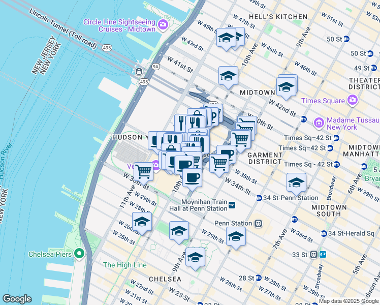 map of restaurants, bars, coffee shops, grocery stores, and more near 535 West 34th Street in New York