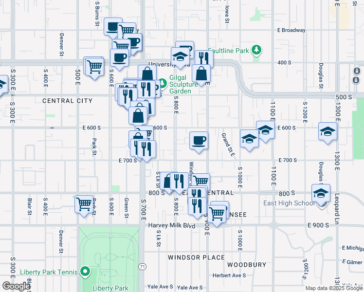 map of restaurants, bars, coffee shops, grocery stores, and more near 832 East Sego Avenue in Salt Lake City