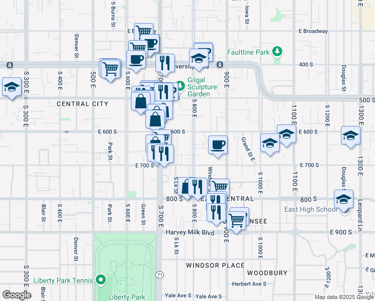 map of restaurants, bars, coffee shops, grocery stores, and more near 660 800 East in Salt Lake City