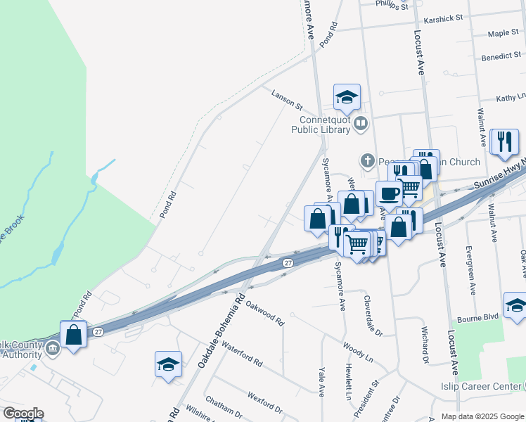 map of restaurants, bars, coffee shops, grocery stores, and more near 168 Oakdale-Bohemia Road in Bohemia