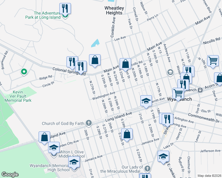 map of restaurants, bars, coffee shops, grocery stores, and more near 166 South 25th Street in Wyandanch