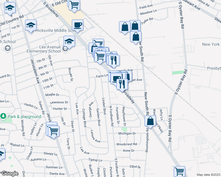 map of restaurants, bars, coffee shops, grocery stores, and more near 1 Chatham Court in Hicksville