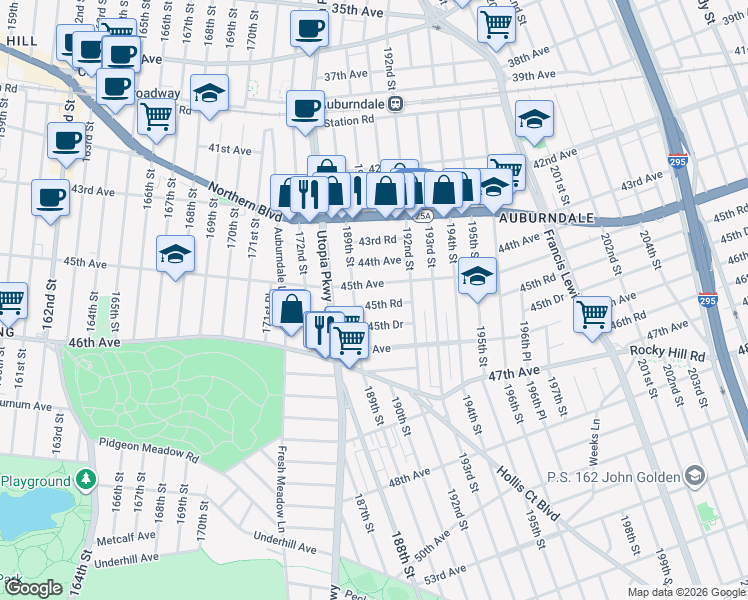 map of restaurants, bars, coffee shops, grocery stores, and more near 189-11 45th Road in Queens