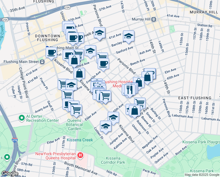 map of restaurants, bars, coffee shops, grocery stores, and more near 141-20 Cherry Avenue in Queens