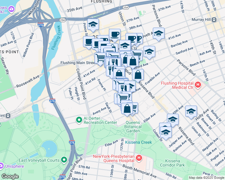 map of restaurants, bars, coffee shops, grocery stores, and more near in Queens
