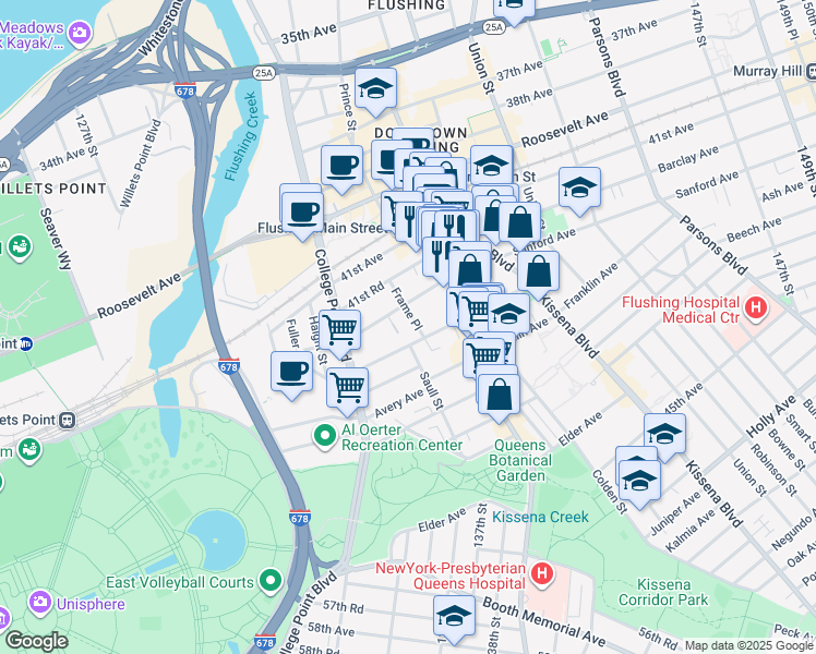 map of restaurants, bars, coffee shops, grocery stores, and more near 134-21 Maple Avenue in Queens