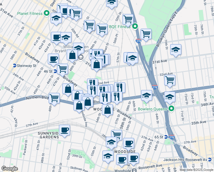 map of restaurants, bars, coffee shops, grocery stores, and more near 32-14 55th Street in Queens