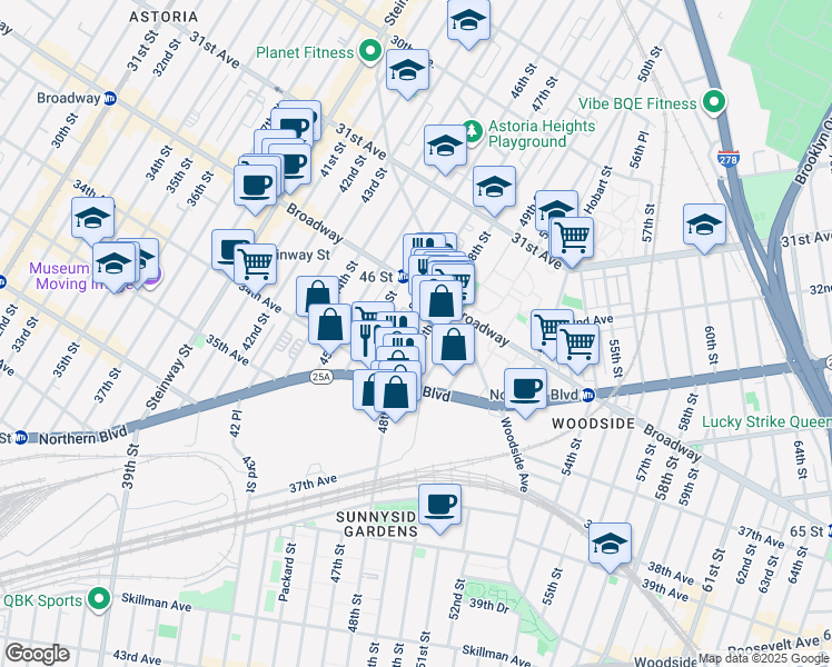 map of restaurants, bars, coffee shops, grocery stores, and more near 32-45 47th Street in Queens