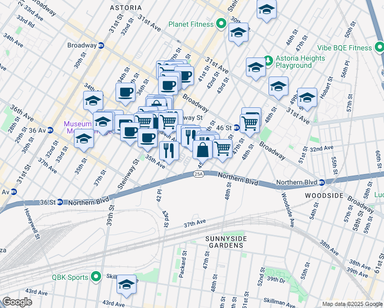 map of restaurants, bars, coffee shops, grocery stores, and more near 34-15 43rd Street in Queens
