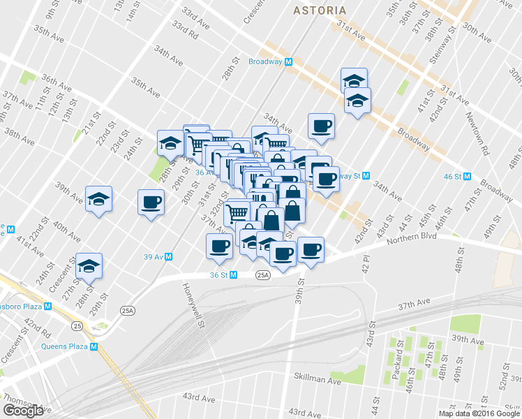 map of restaurants, bars, coffee shops, grocery stores, and more near 36-11 34th Street in Queens