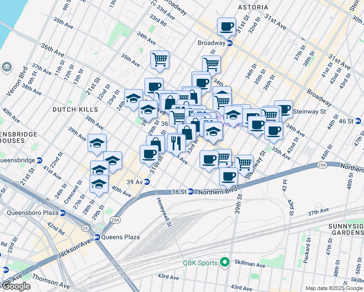 map of restaurants, bars, coffee shops, grocery stores, and more near 36 33rd Street in Queens