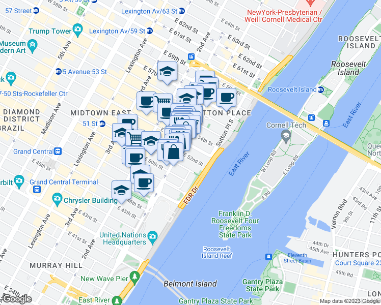 map of restaurants, bars, coffee shops, grocery stores, and more near 941 1st Avenue in New York