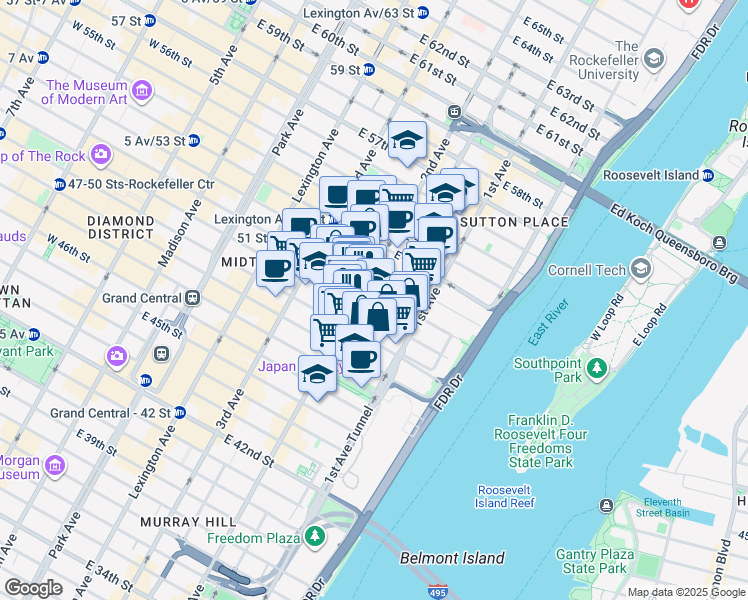 map of restaurants, bars, coffee shops, grocery stores, and more near 249 East 48th Street in New York
