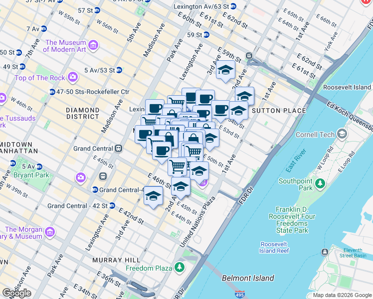 map of restaurants, bars, coffee shops, grocery stores, and more near 234-236 East 50th Street in New York