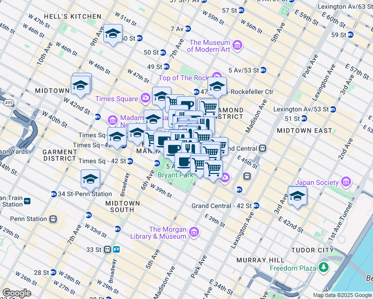 map of restaurants, bars, coffee shops, grocery stores, and more near in New York
