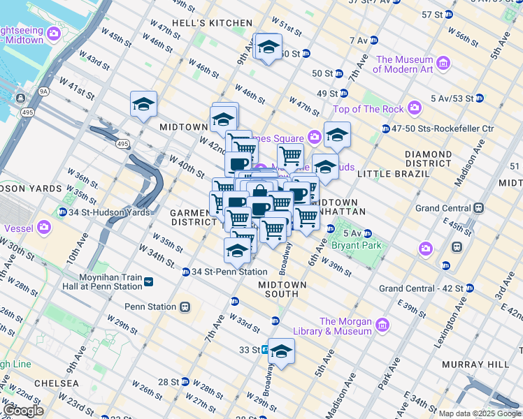 map of restaurants, bars, coffee shops, grocery stores, and more near 214 West 39th Street in New York