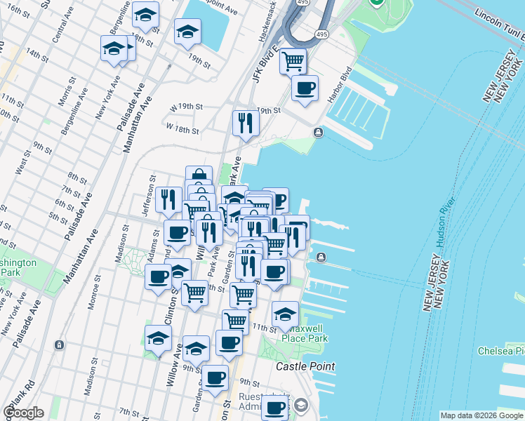 map of restaurants, bars, coffee shops, grocery stores, and more near 1500 Garden Street in Hoboken