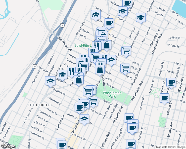 map of restaurants, bars, coffee shops, grocery stores, and more near 23 Leonard Street in Jersey City
