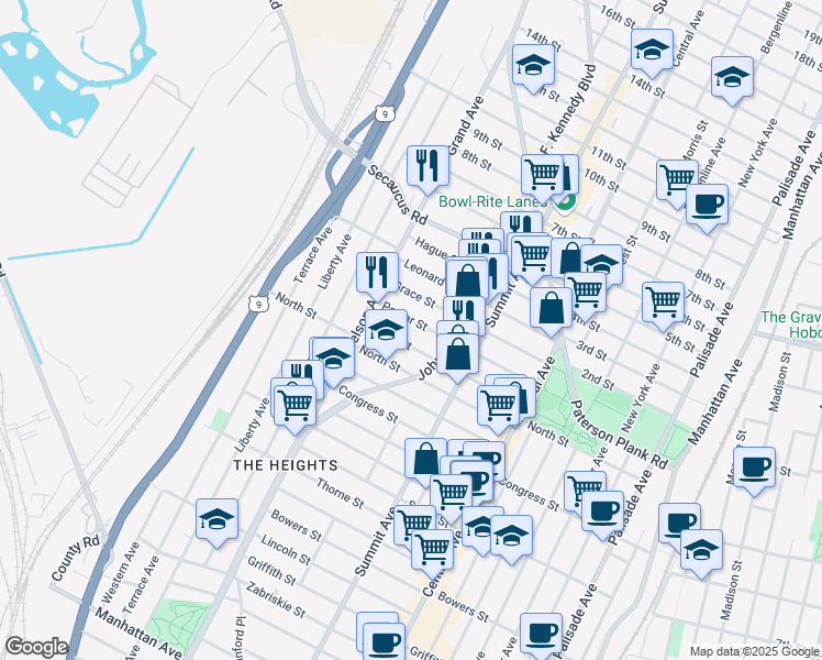 map of restaurants, bars, coffee shops, grocery stores, and more near 105 Poplar Street in Jersey City