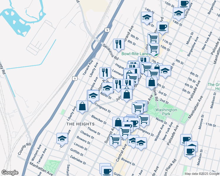 map of restaurants, bars, coffee shops, grocery stores, and more near 105 Poplar Street in Jersey City