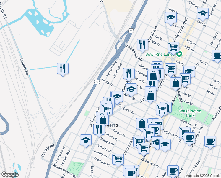 map of restaurants, bars, coffee shops, grocery stores, and more near in Jersey City