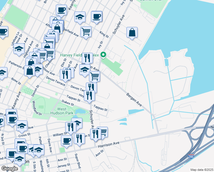 map of restaurants, bars, coffee shops, grocery stores, and more near 330 Bergen Avenue in Kearny