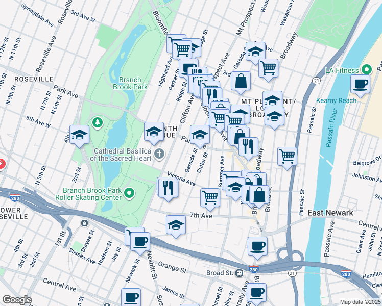 map of restaurants, bars, coffee shops, grocery stores, and more near 109 Mount Prospect Avenue in Newark