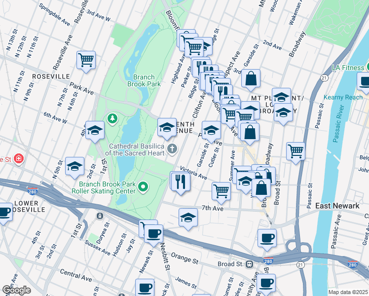map of restaurants, bars, coffee shops, grocery stores, and more near 147 Clifton Avenue in Newark