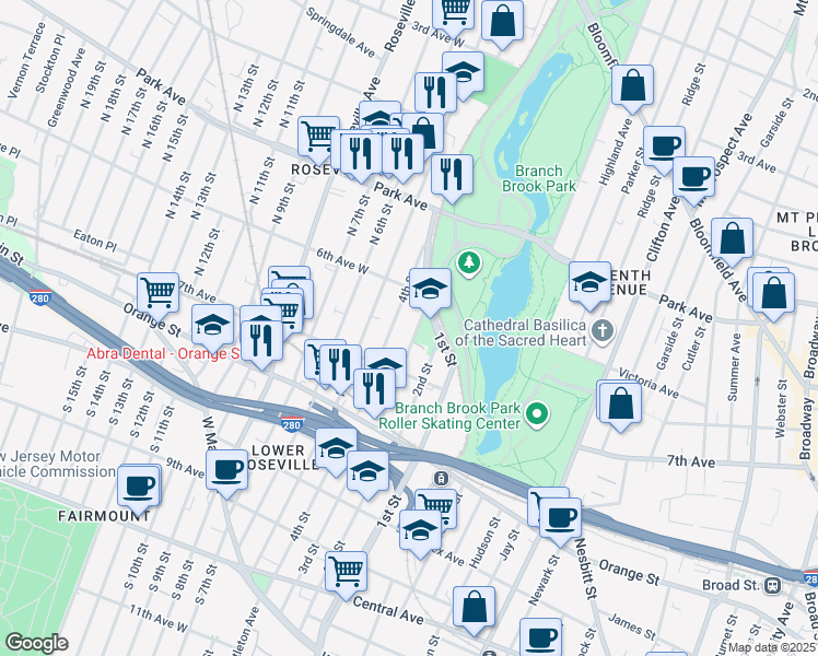 map of restaurants, bars, coffee shops, grocery stores, and more near 20 1st Street in Newark