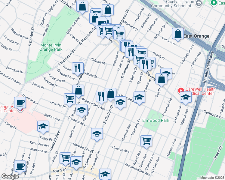 map of restaurants, bars, coffee shops, grocery stores, and more near 218 Elmwood Avenue in East Orange
