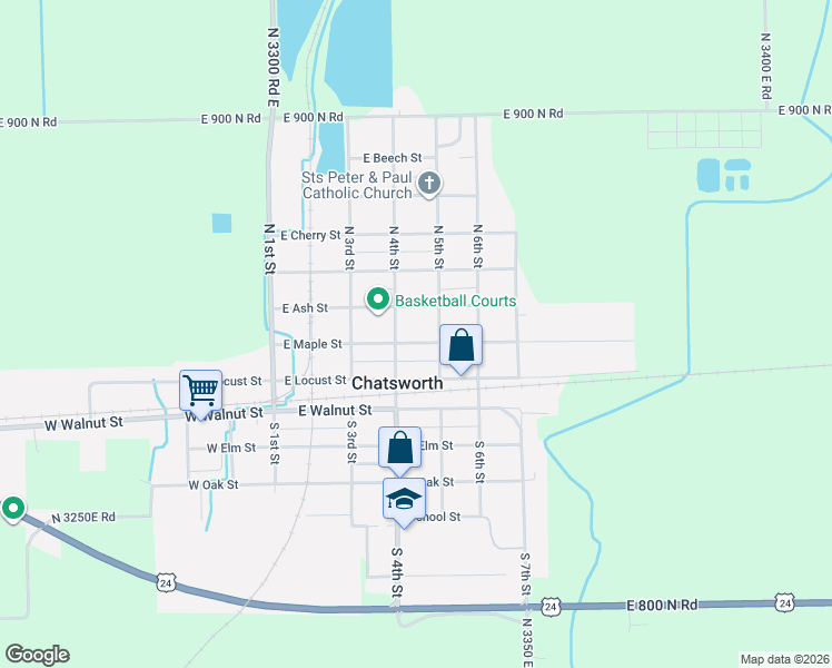 map of restaurants, bars, coffee shops, grocery stores, and more near 404 East Maple Street in Chatsworth