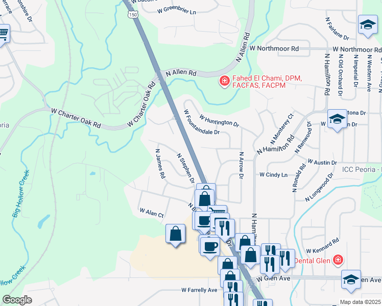 map of restaurants, bars, coffee shops, grocery stores, and more near 5504 North Stephen Drive in Peoria