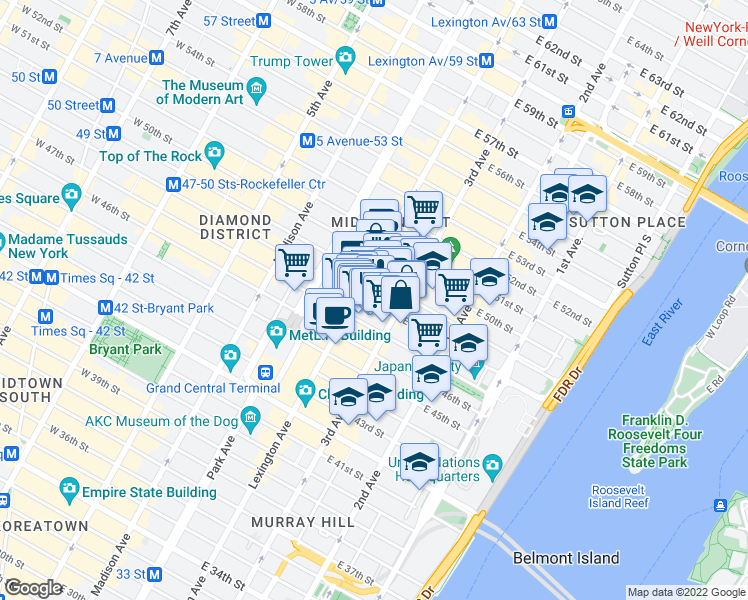 map of restaurants, bars, coffee shops, grocery stores, and more near 14151 East 48th Street in New York
