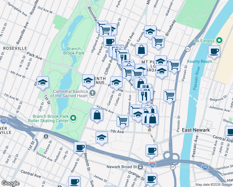 map of restaurants, bars, coffee shops, grocery stores, and more near 42-56 Park Avenue in Newark