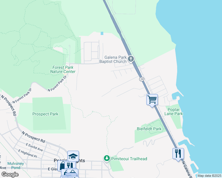 map of restaurants, bars, coffee shops, grocery stores, and more near 1605a East Terrace View Lane in Peoria Heights