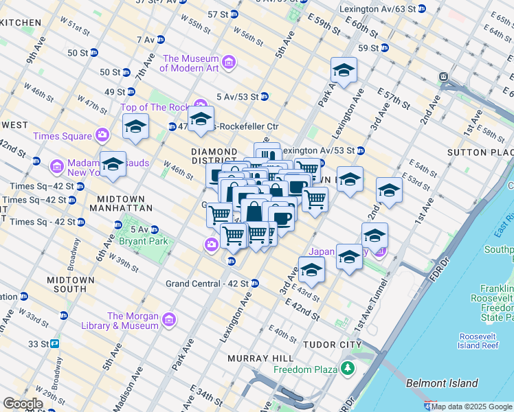 map of restaurants, bars, coffee shops, grocery stores, and more near 250 Park Avenue in New York