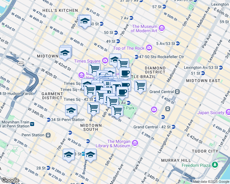 map of restaurants, bars, coffee shops, grocery stores, and more near 8 West 42nd Street in New York