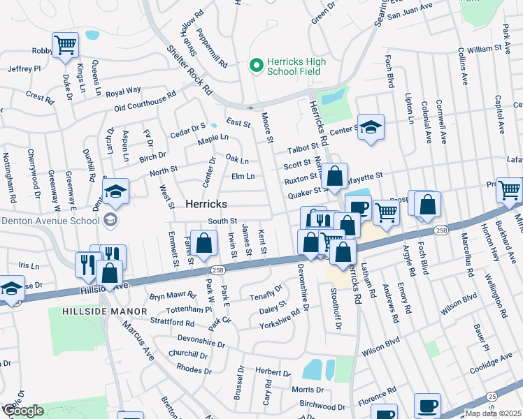 map of restaurants, bars, coffee shops, grocery stores, and more near 196 Pine St in New Hyde Park