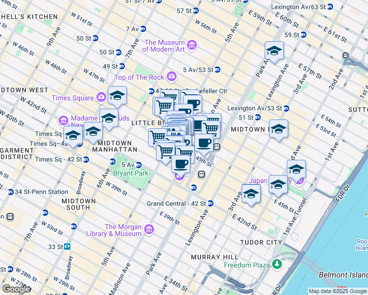 map of restaurants, bars, coffee shops, grocery stores, and more near 360 Madison Avenue in New York