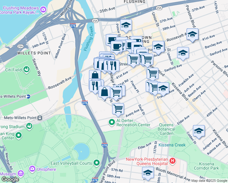 map of restaurants, bars, coffee shops, grocery stores, and more near 41-36 College Point Boulevard in Queens